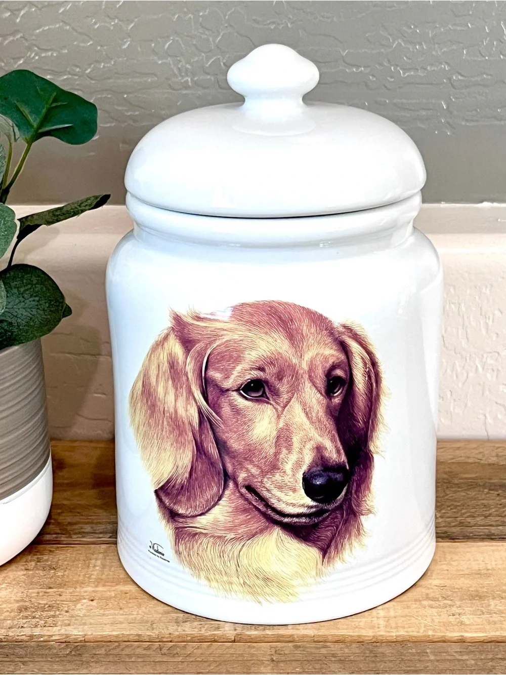 Large Vintage Porcelain by Rosalinde Longhaired Dachshund Treat Jar